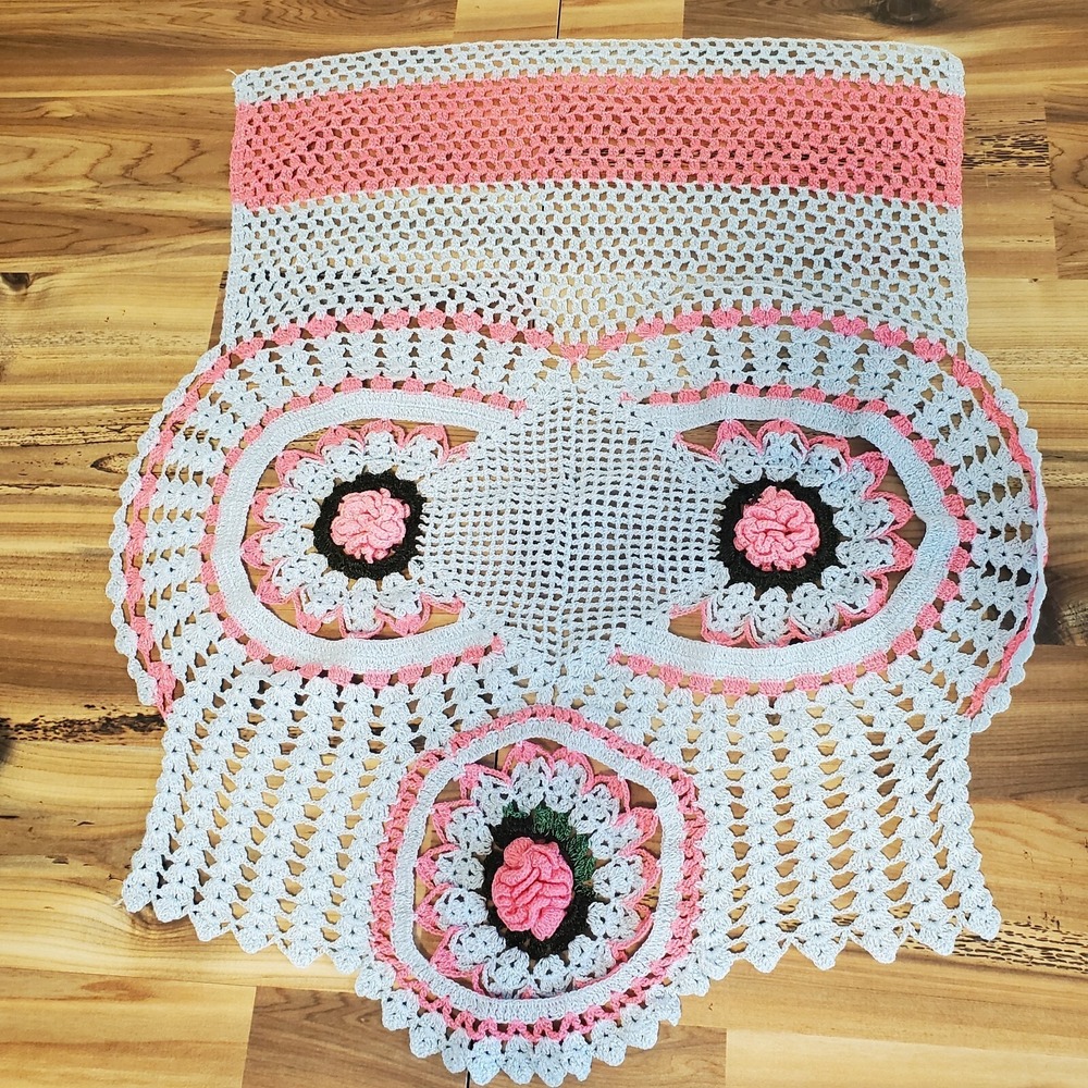 Crochet Light Blue Hot Pink Flowers Side Table Doily Unique Shape for Applique